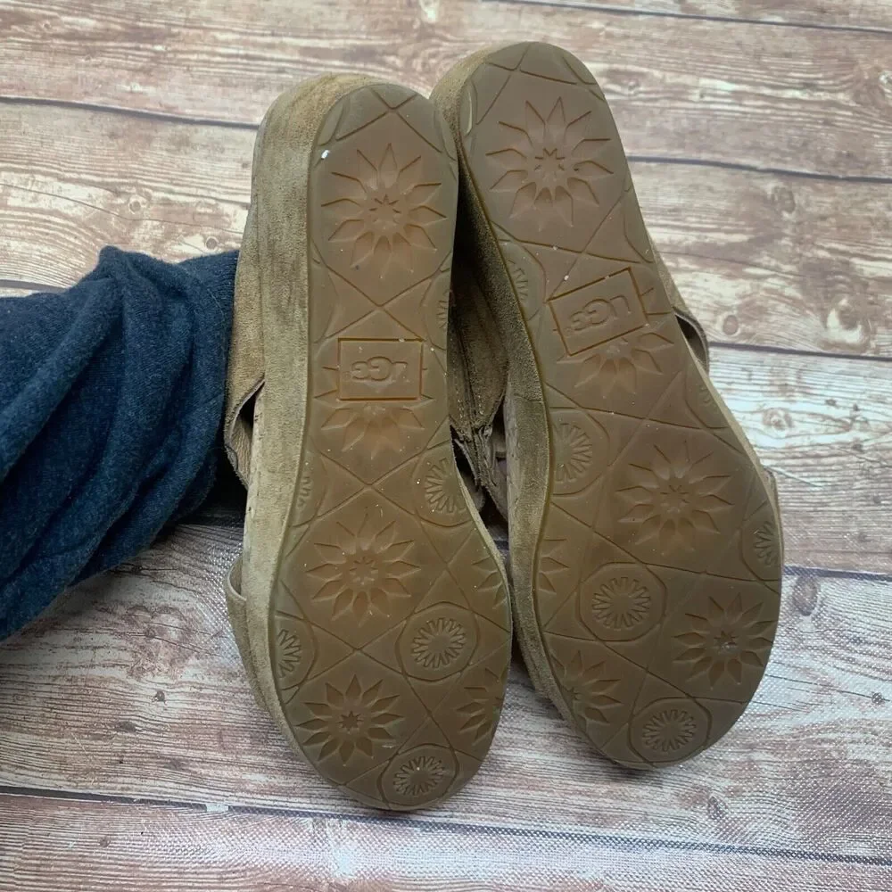 UGG‎ AUSTRALIA Women’s 7 Lilah Chestnut Brown Suede Wedge Slide Sandals 1019976